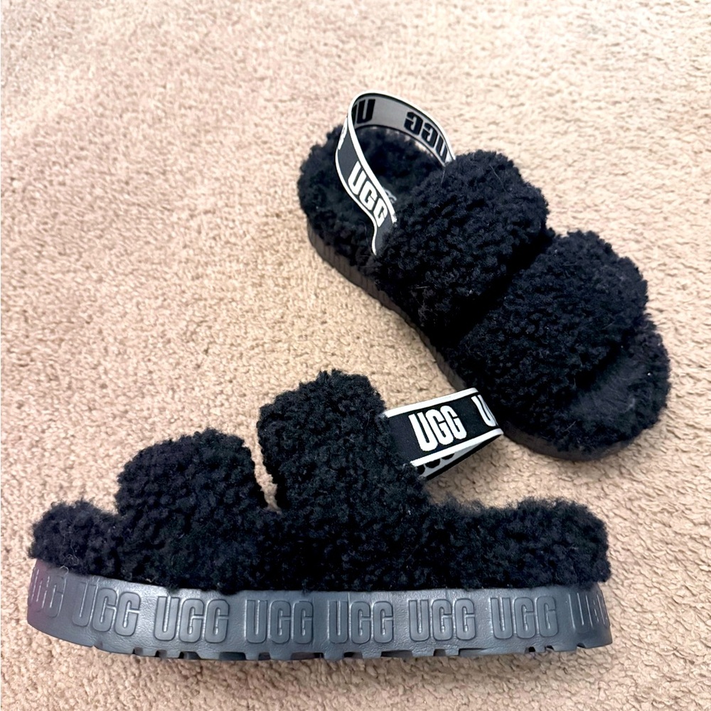 UGG Black Fluffy Slide Sandals